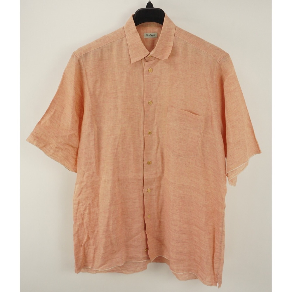 Gran Sasso Men Large Short Sleeve 100% Linen Pink Orange Heather Button Up Shirt
